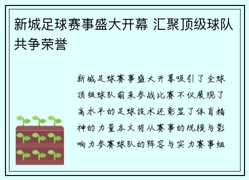 新城足球赛事盛大开幕 汇聚顶级球队共争荣誉