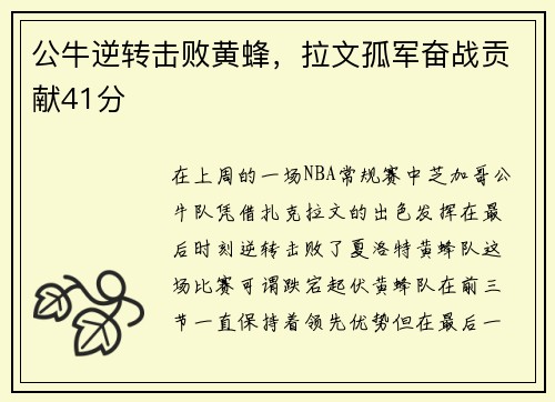 公牛逆转击败黄蜂，拉文孤军奋战贡献41分