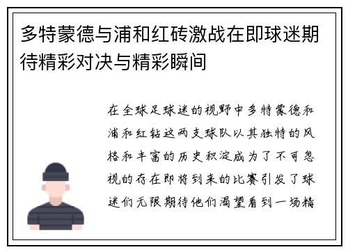 多特蒙德与浦和红砖激战在即球迷期待精彩对决与精彩瞬间
